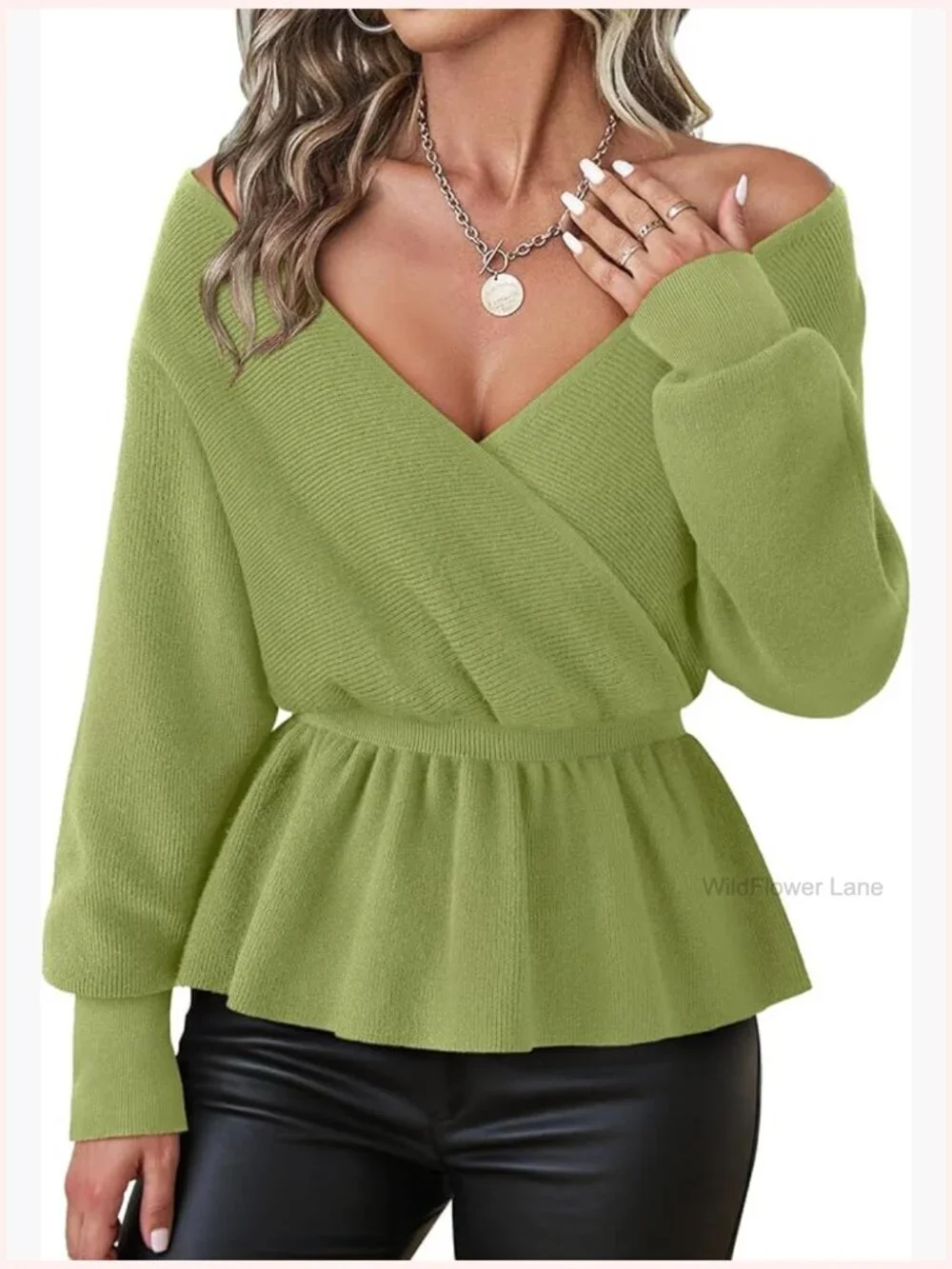Dressy Peplum Sweater Long Sleeve V Neck Pullover Knit Top Medium